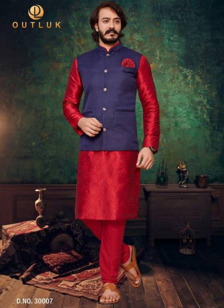 Red Colour Exclusive Art Silk Festive Wear Kurta Pajama With Jacket Mens Collection 30007